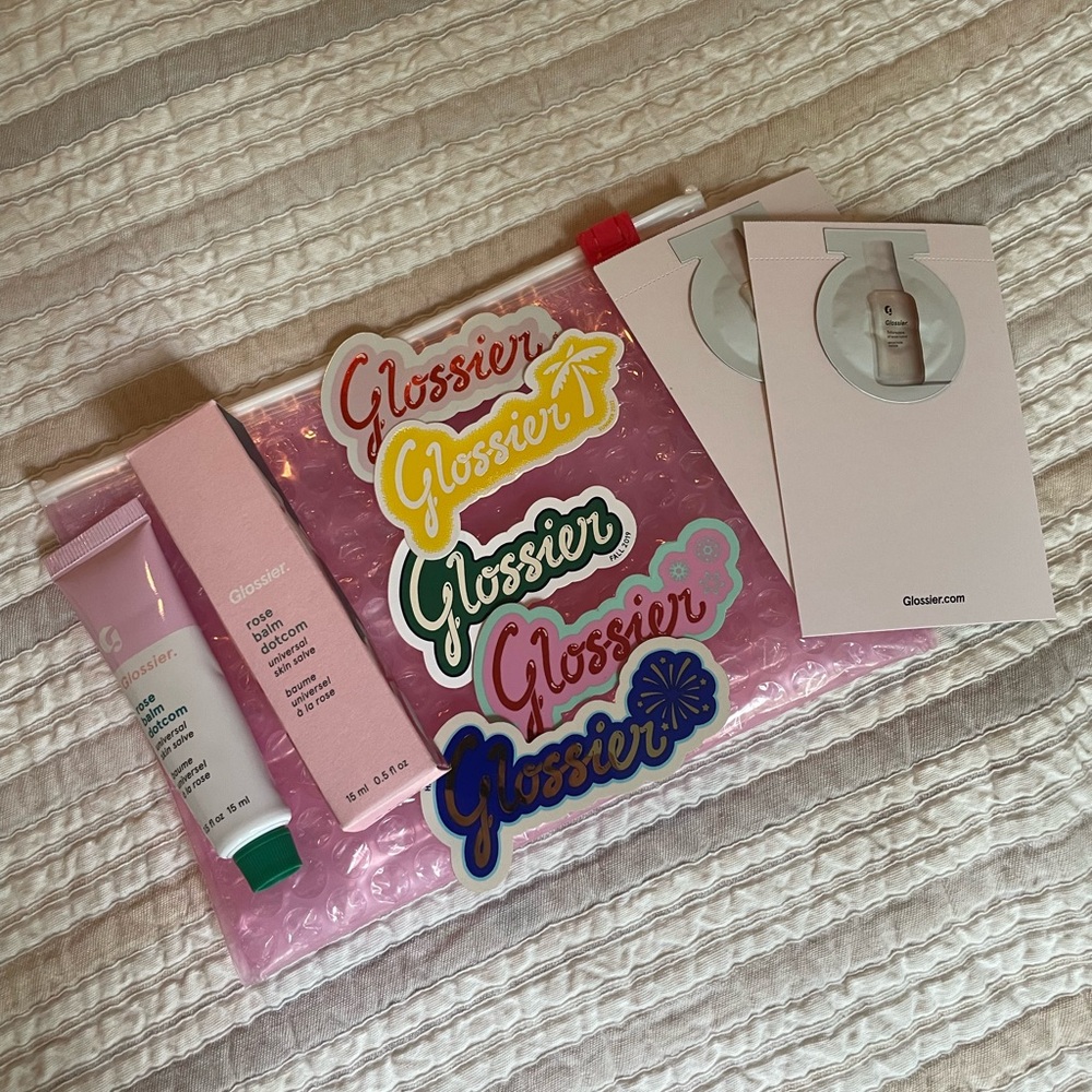 Glossier bundle: original rose balm dot calm, stickers, future dew sample, bag